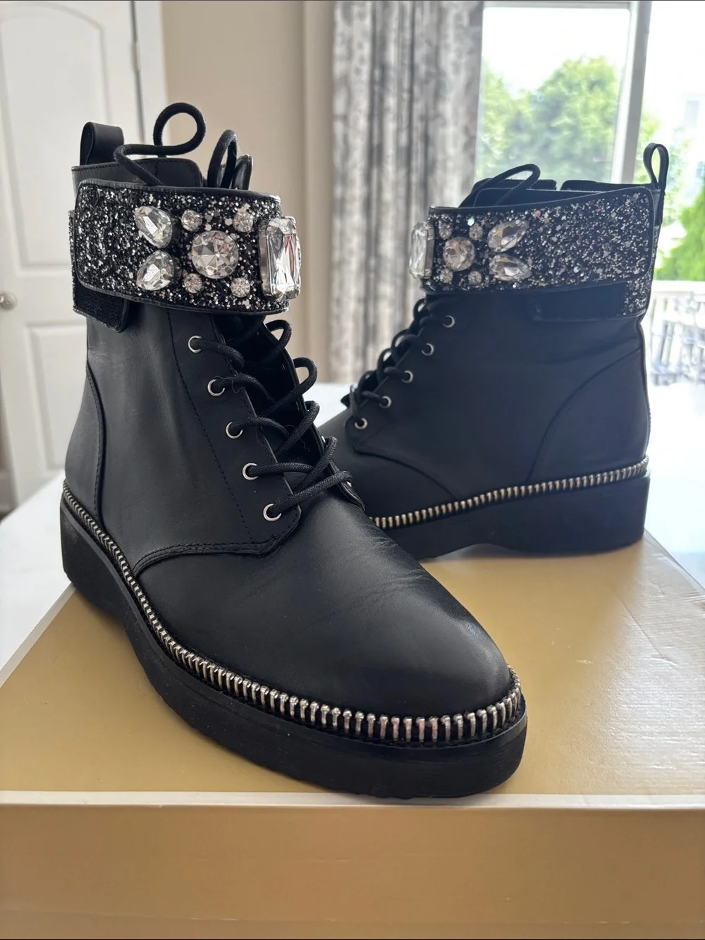 Michael Kors Black Lace-Up Leather HASKELL Boots with Jeweled Glitter Cuff